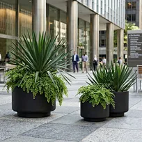 A commercial-grade GFRC low bowl planter featuring a wide basin and a textured matte black finish, positioned on a paved urban streetscape to provide low-profile landscape architecture.